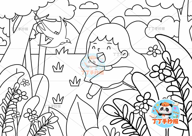 春天儿童画女孩唱歌燕子春游踏青踏春