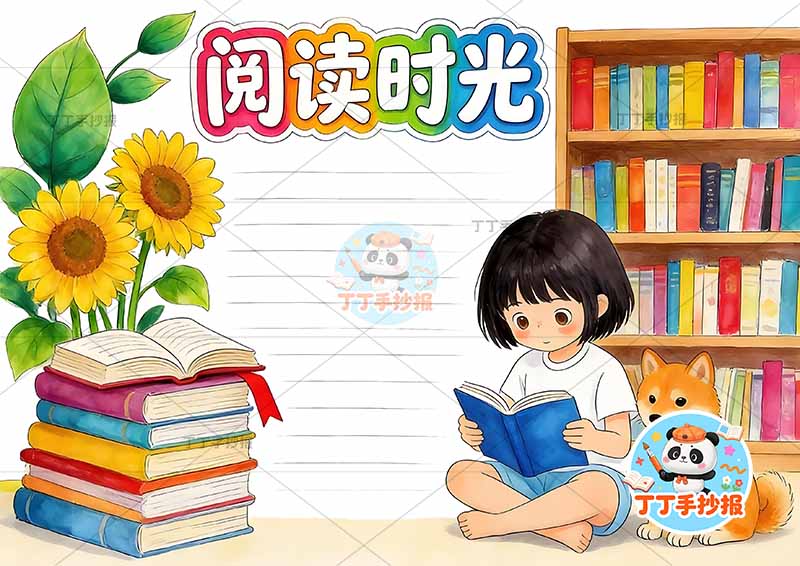 阅读时光手抄报读书右下女孩小狗