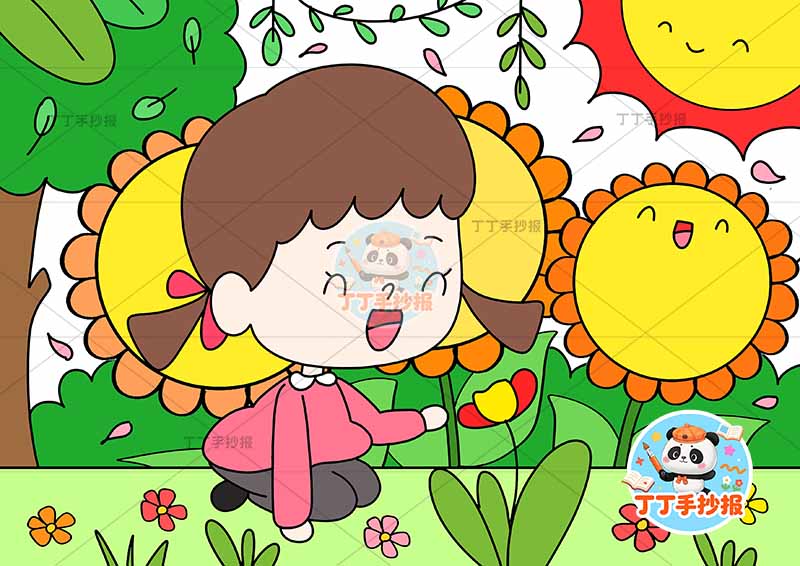 春天儿童画女孩向日葵背景春游踏青踏春