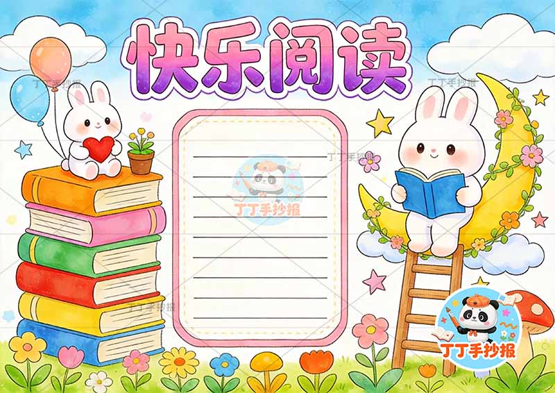 快乐阅读手抄报读书左侧兔子在书顶