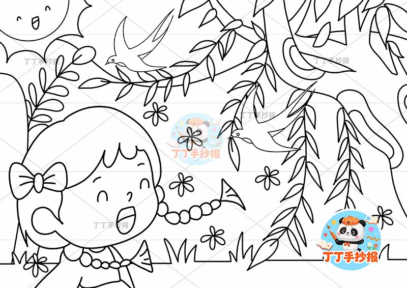 春天儿童画燕子女孩辫子春游踏青踏春