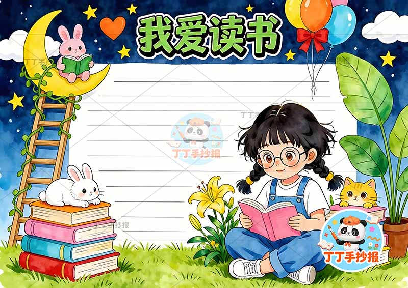 我爱阅读手抄报女孩戴眼镜可爱读书