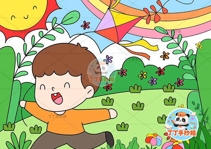 春天儿童画男孩放风筝春游踏青踏春