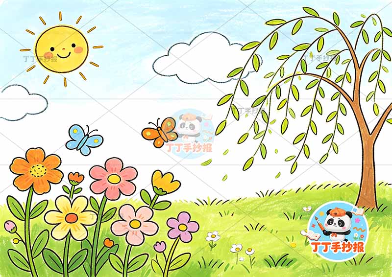 春天儿童画简单无人物春游踏春踏青