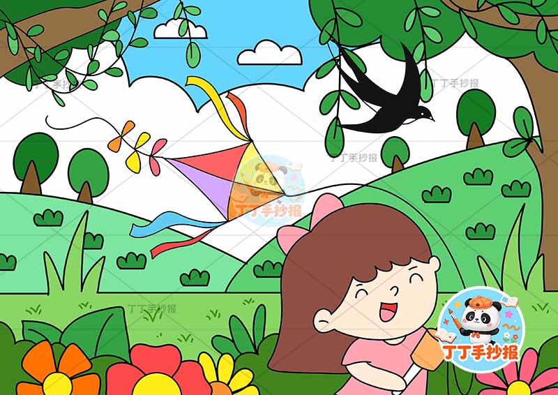 春天儿童画女孩放风筝春游踏青踏春