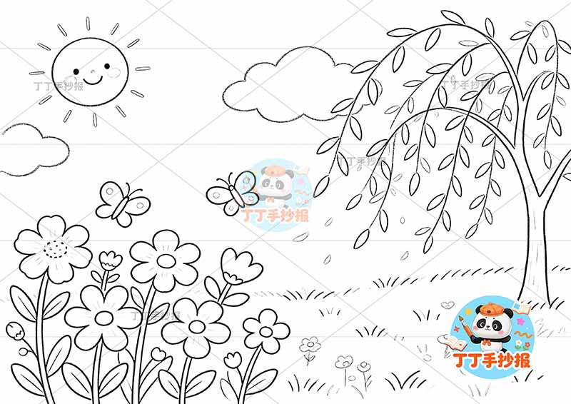 春天儿童画简单无人物春游踏春踏青