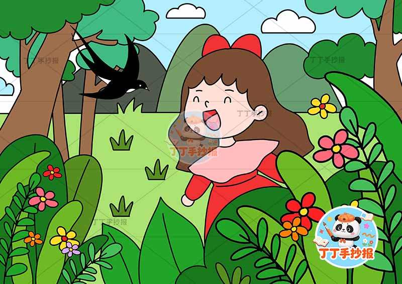 春天儿童画女孩唱歌燕子春游踏青踏春