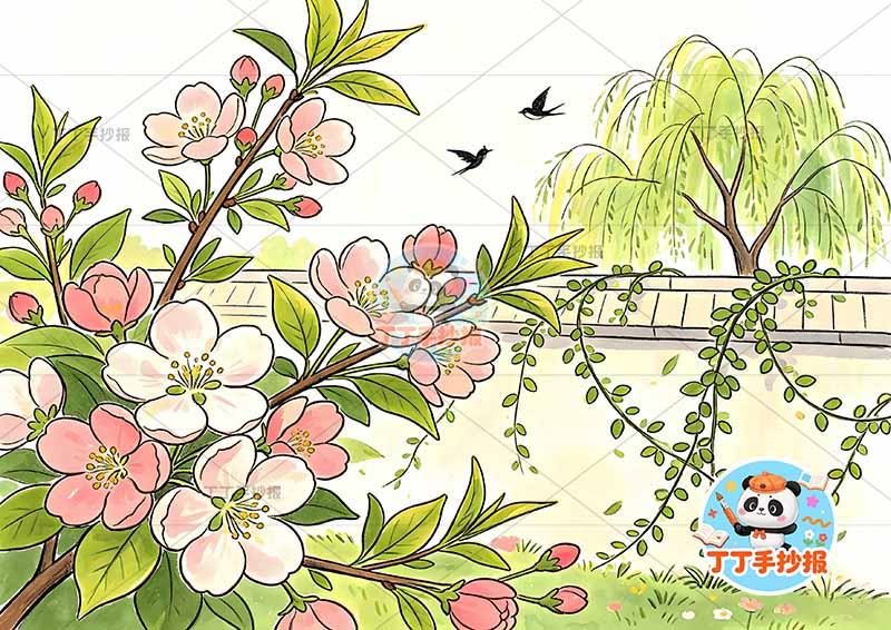 春天儿童画桃花多简单春游踏青踏春