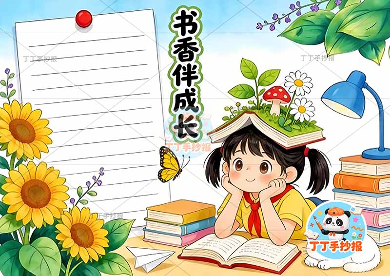 书香伴成长手抄报阅读读书右侧女孩可爱书