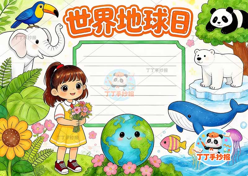 世界地球日手抄报女孩多动物