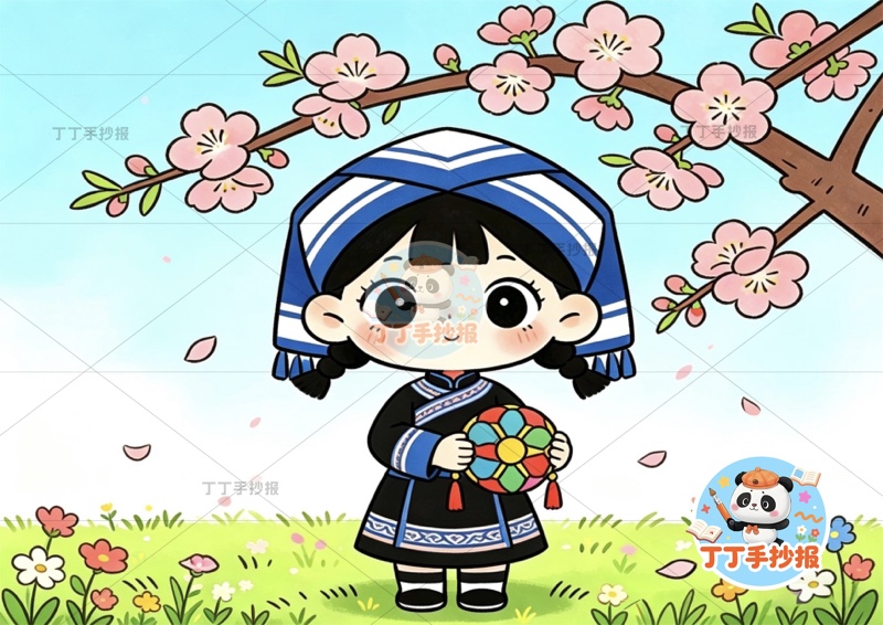 三月三儿童画中间女孩壮族民族