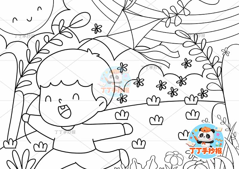 春天儿童画男孩放风筝春游踏青踏春