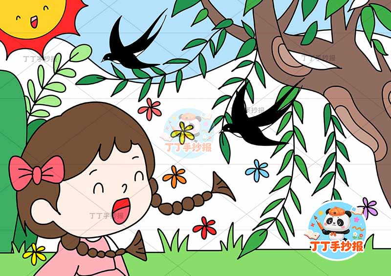 春天儿童画燕子女孩辫子春游踏青踏春