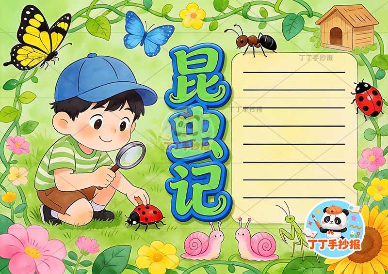 昆虫记手抄报左侧男孩放大镜