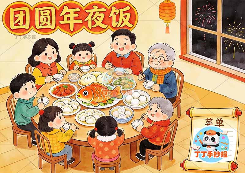 团圆年夜饭手抄报除夕春节左侧多人桌子