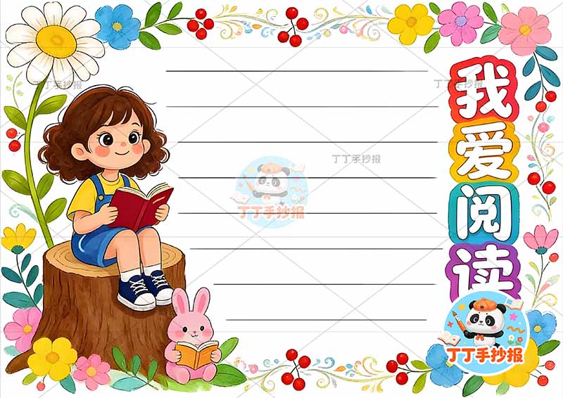 我爱阅读手抄报读书女孩兔子看书