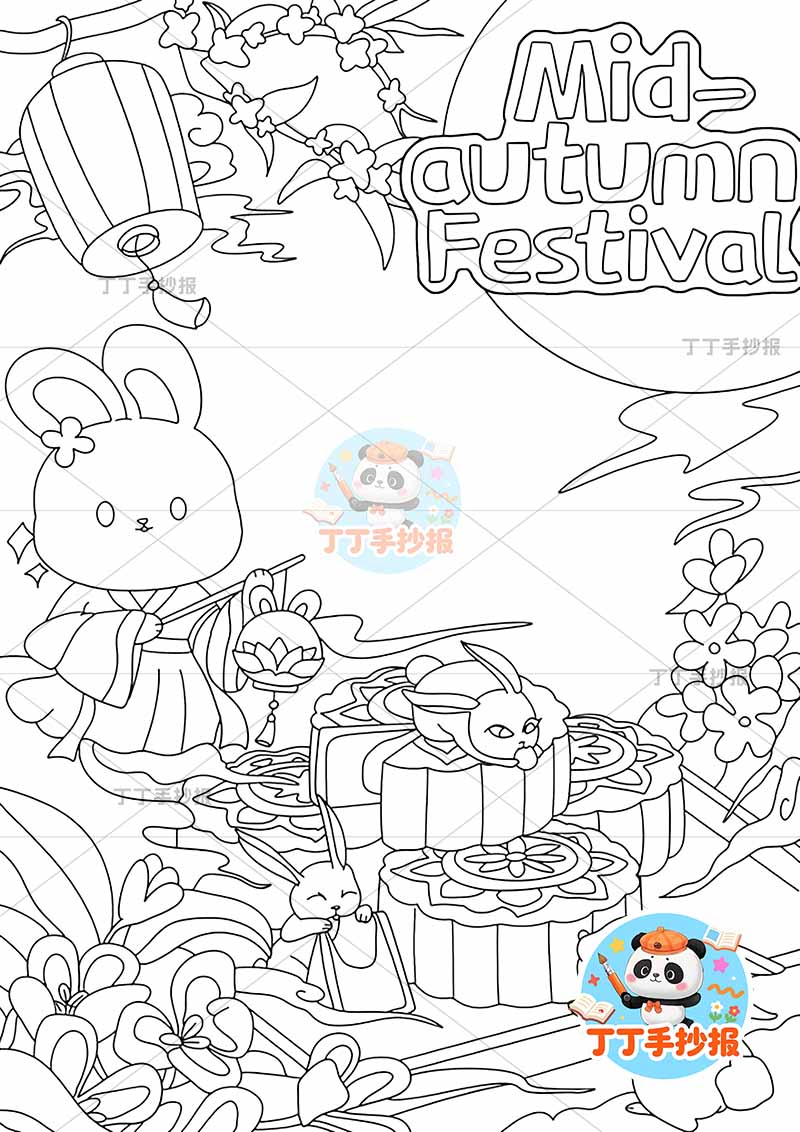 中秋节英语竖版手抄报底部船兔子