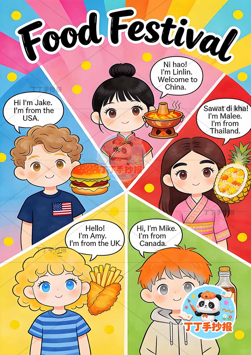 三年级下册英语世界美食竖版手抄报多人
