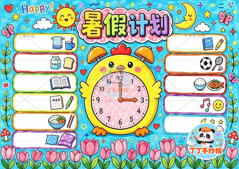 暑假计划手抄报带字中间时钟