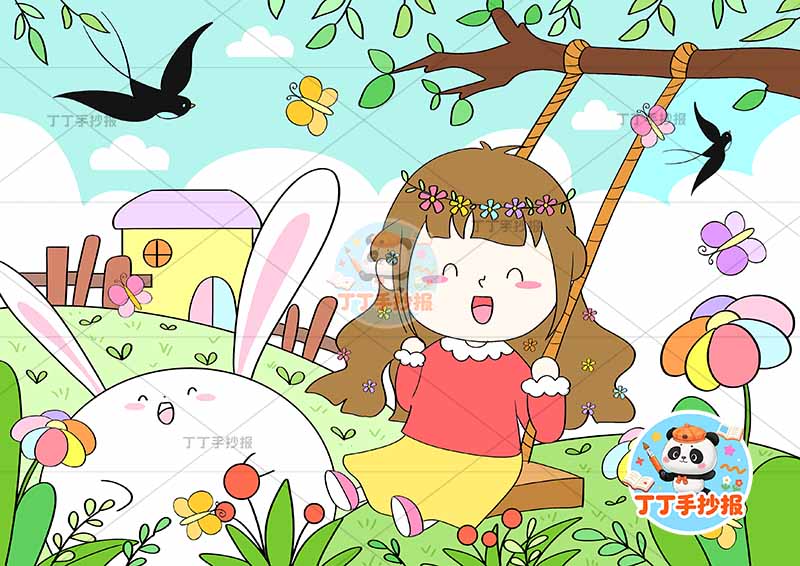 春天儿童画女孩秋千2立春