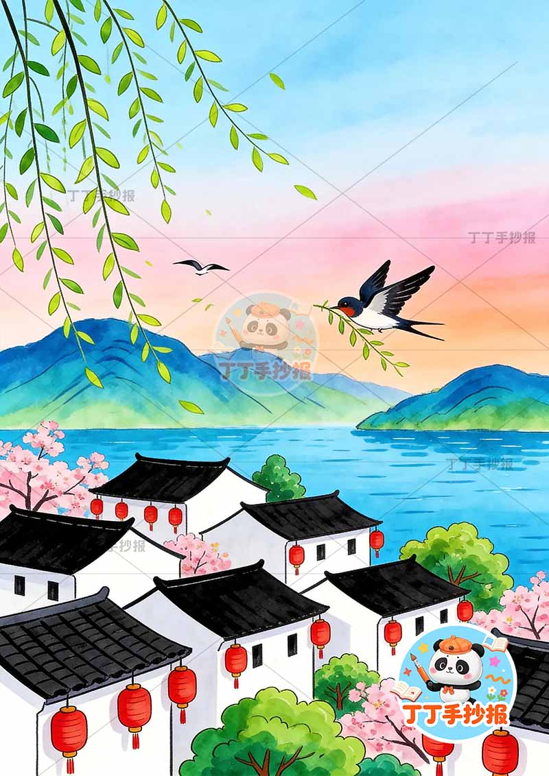 四年级忆江南诗配画竖版古诗配画底部房屋