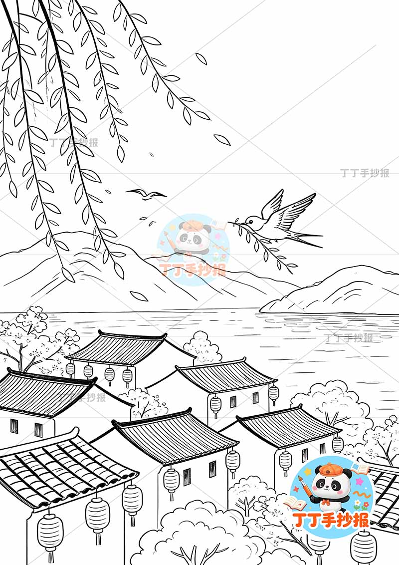 四年级忆江南诗配画竖版古诗配画底部房屋