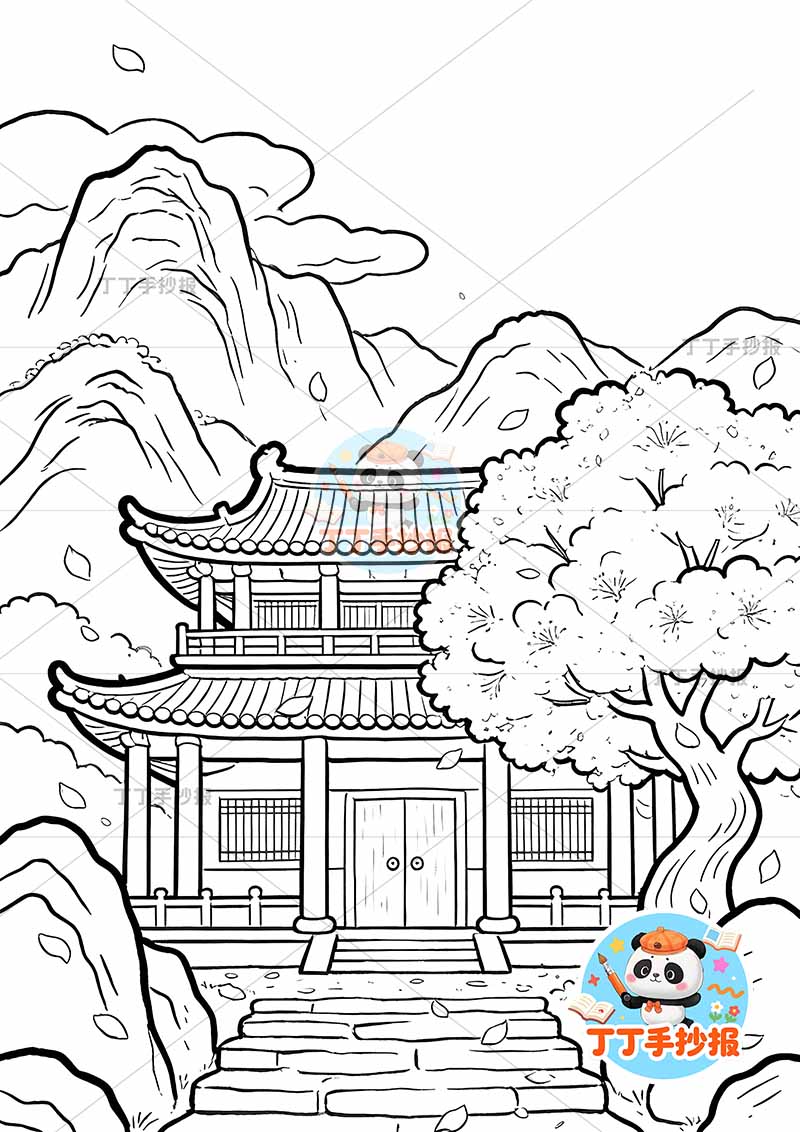 六年级大林寺桃花诗配画竖版古诗配画中间寺庙