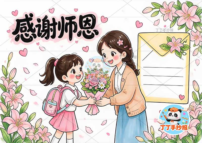 感谢师恩手抄报教师节老师两人百合花