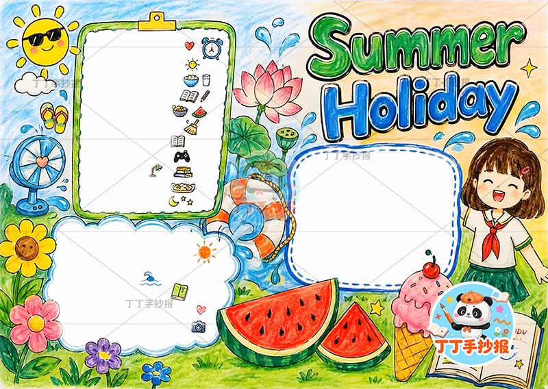 暑假生活英语summer holiday手抄报右侧女孩